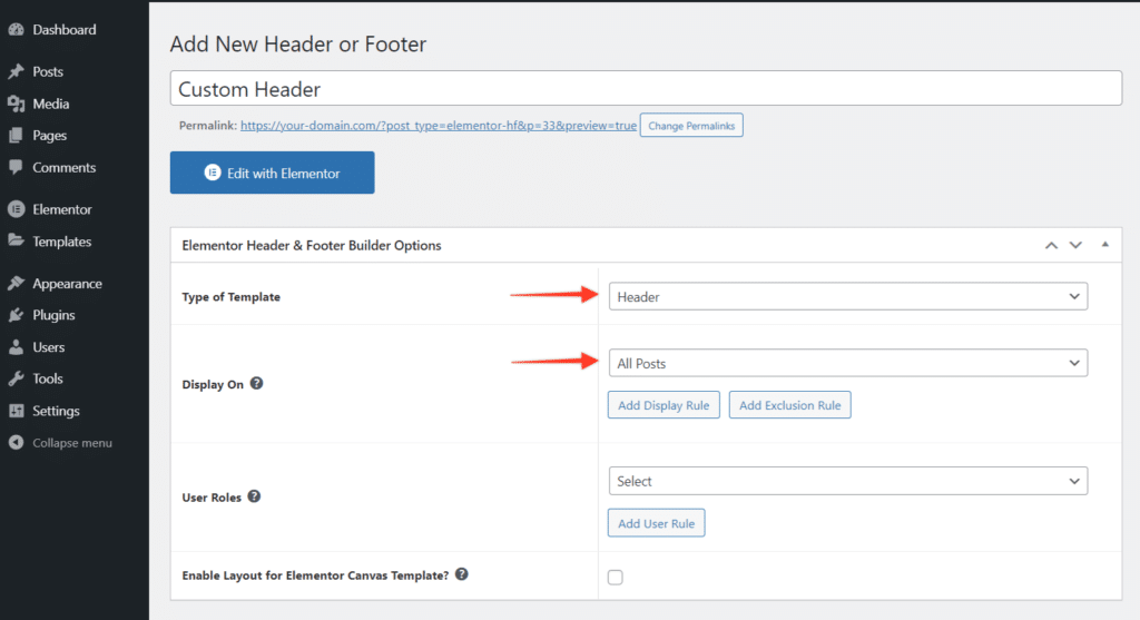 elementor header footer builder